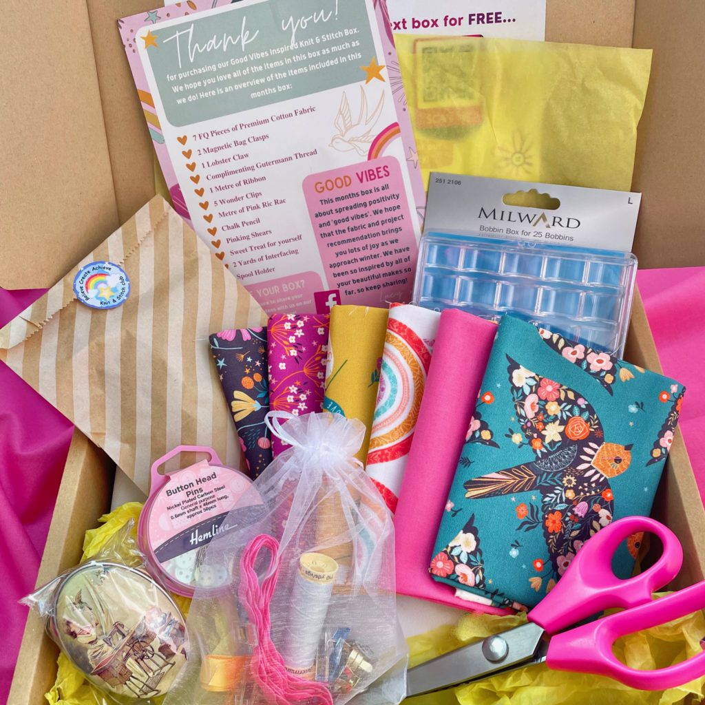 sewing subscription box with premium fabrics, tools and a sweet treat